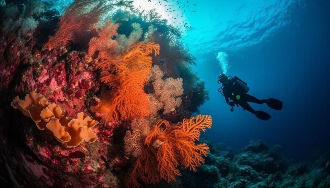 Un homme plonge près du corail